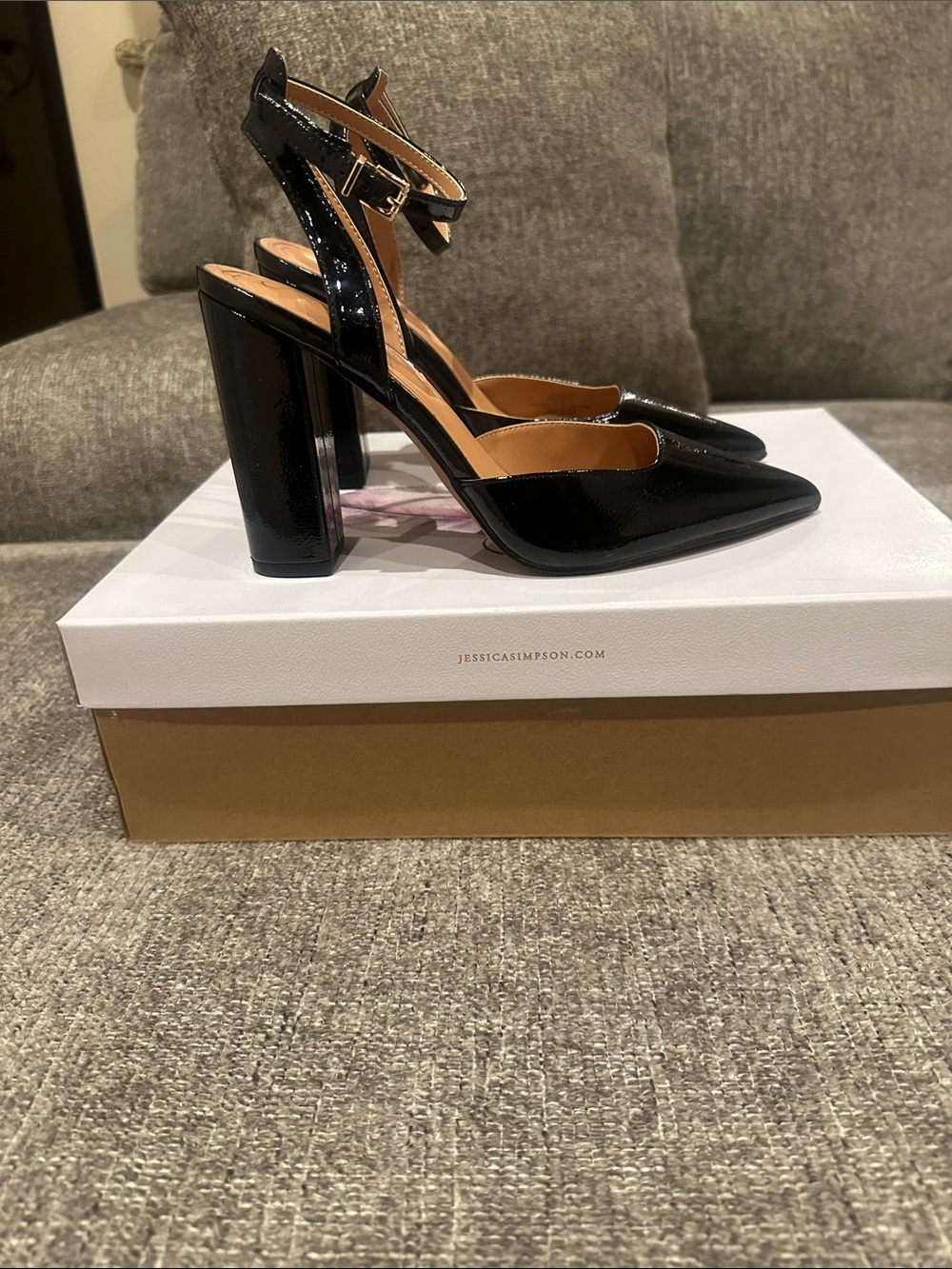 Jessica Simpson Black Patent Pointed Toe Ankle Strap Pumps - Picture 2 of 6